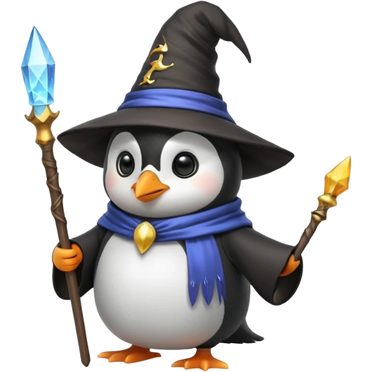 cute penguin dressed as a wizard, wearing a pointed hat and holding a magic staff, emoji style emoji