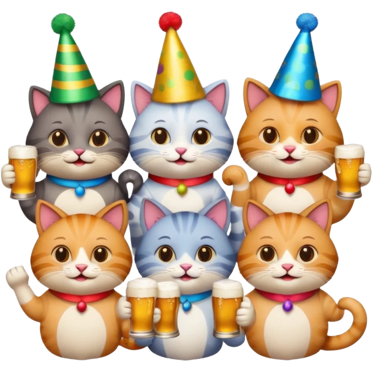 six cats at a 40th birthday party, each holding a beer, cheerful, emoji style emoji