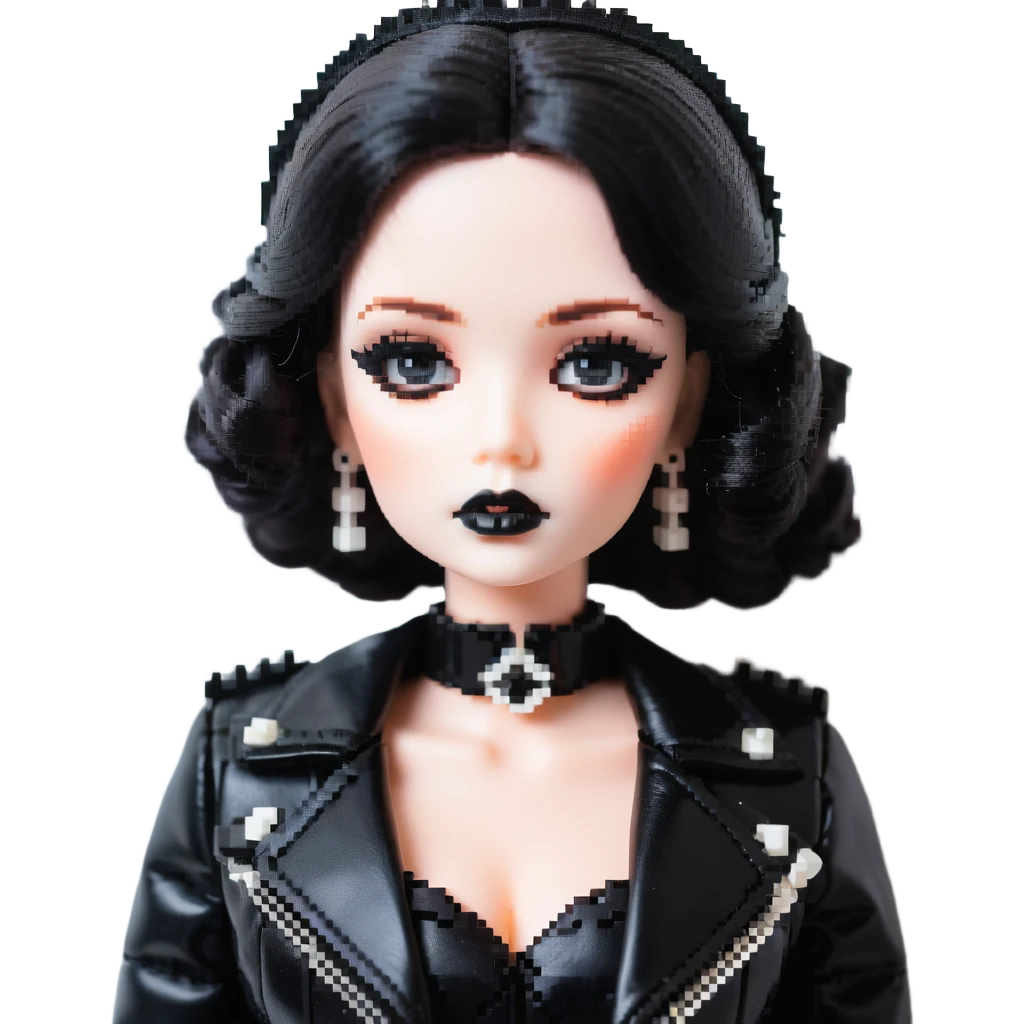 Chucky's bride doll with black lipstick, black dress, leather jacket, smoky eye makeup emoji