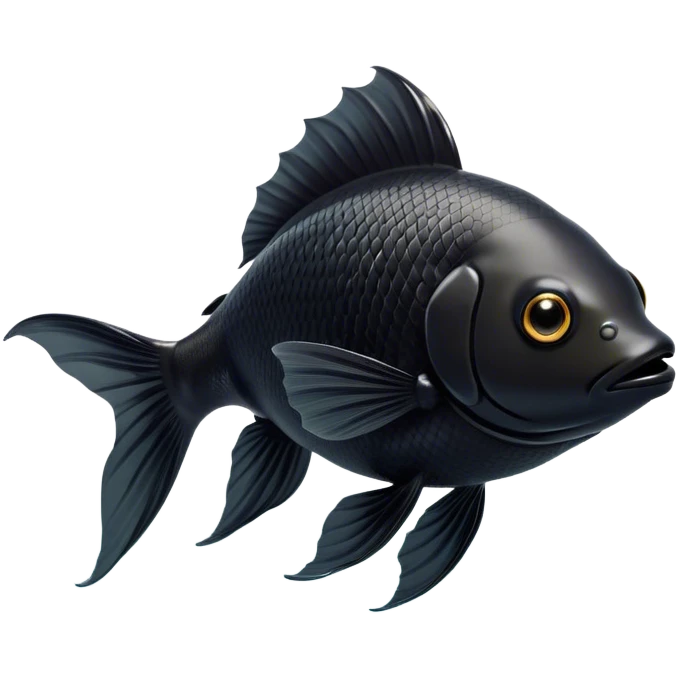 Cinematic Noble Black Goldfish Portrait Emoji, Poised and regal, with a sleek, streamlined build and a lustrous, deep black body, deep-set soulful golden eyes, Simplified yet sharp and sophisticated features, highly detailed, glowing with a soft, dignified glow, high shine, intelligent and graceful, stylized with an air of aquatic elegance, focused and attentive, soft glowing outline, capturing the essence of a watchful and confident aquatic companion, so majestic it feels as though it could glide out of the screen with effortless authority! emoji