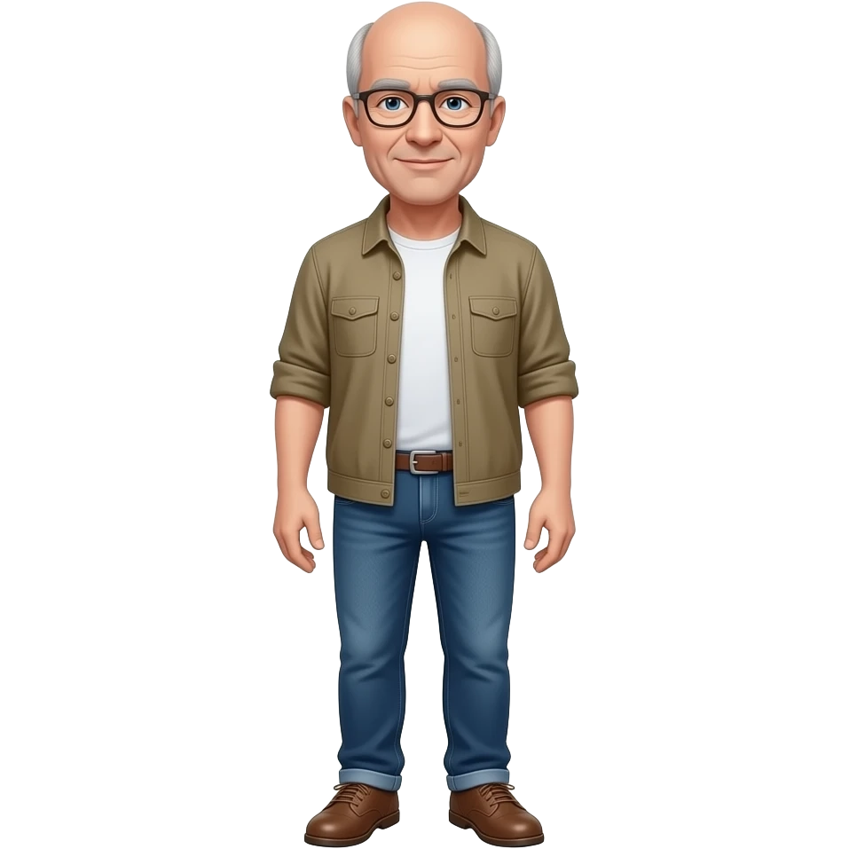 no beard, no mustache 72-year-old man shoes and a fig; emoji