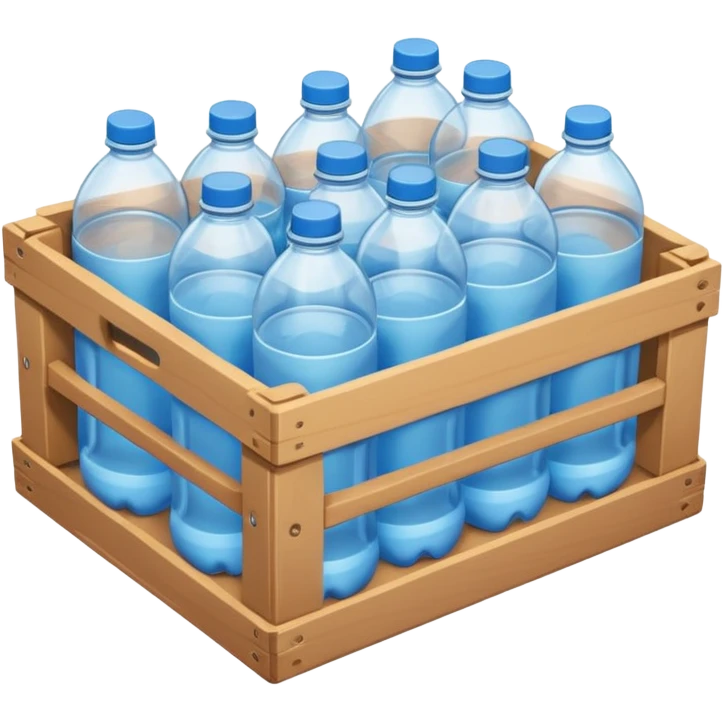 A 3D cartoon crate filled with water bottles, neatly arranged, bright industrial background, smooth reflections, realistic Memoji-style. emoji
