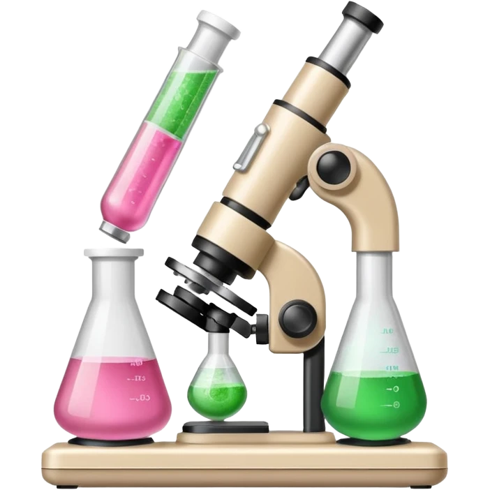 laboratorios, tubo de ensayo y microscopio todo en una imagen, que sean colores rosas, blancos, verde y beish emoji