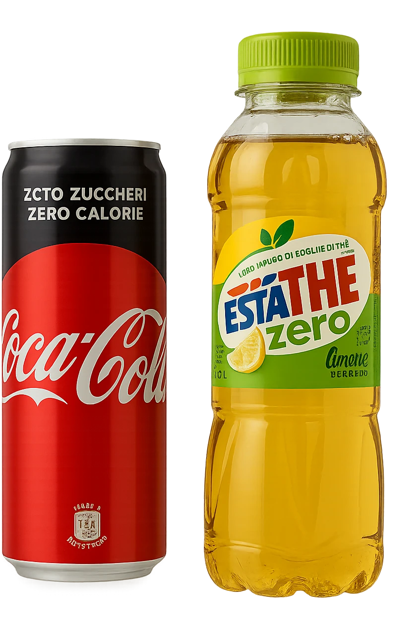 lattina di coca cola zero fluttua accanto a bottiglia di esta-thè zero, iperrealistiche 4k emoji