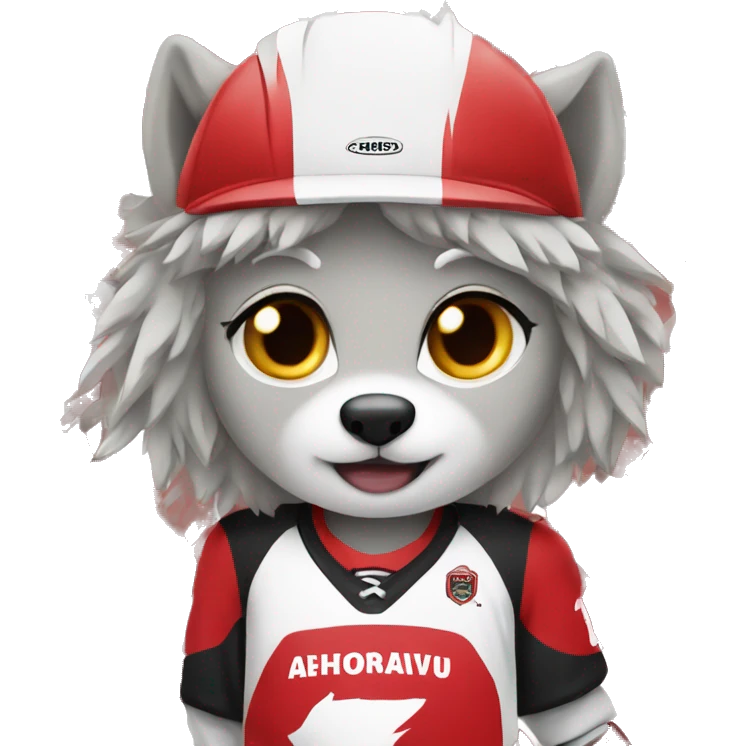 A wolf in a hockey uniform in red black and white with emoji