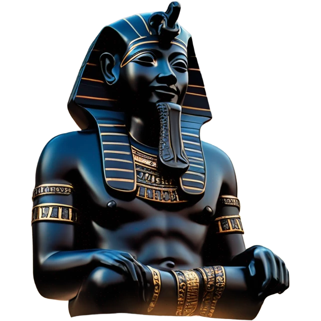 Osiris obsidian statue on granite 30 ton brick, massive size, sunlight behind, sunset colors, reflections on black stone polished clean perfect, photography angles emoji
