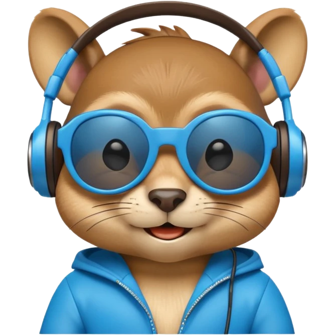 A high-detail 3D cartoon emoji of a cool chipmunk wearing oversized glowing blue DJ headphones and white retro sunglasses, expressive smirk, vibrant colors, white background, high gloss. emoji