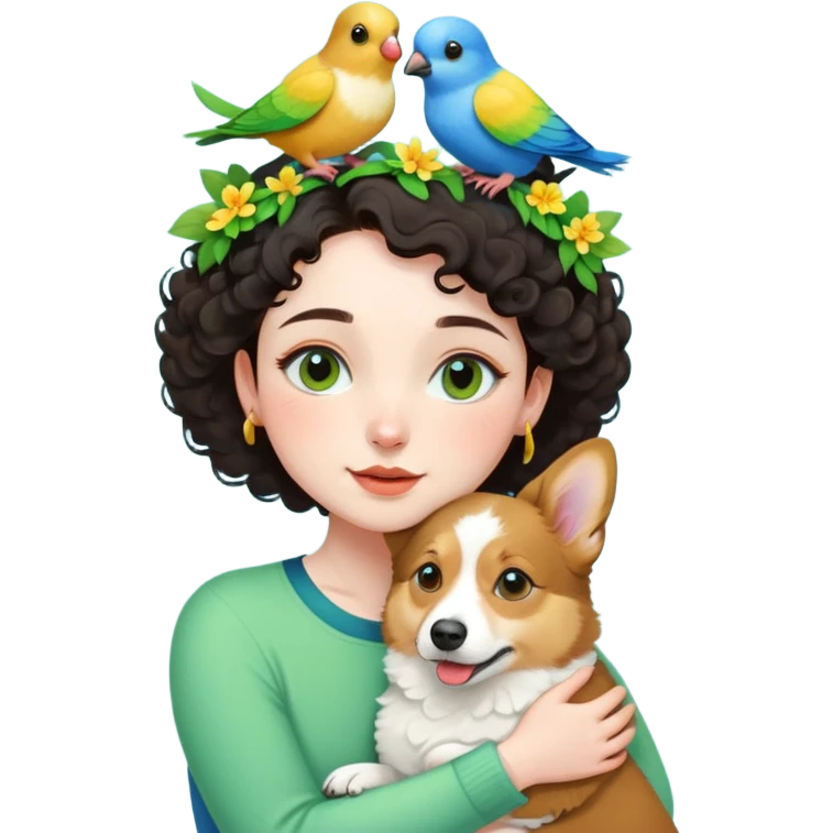 Dark short curly hair with pale skin and thin eyebrows girl hugging a welsh corgi. And a green-reddish lovebird on her head with yellow, blue love birds around her. emoji