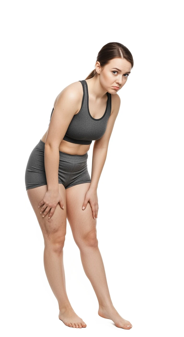 donna giovane con cellulite buchi di cellulite e ritenzione in gym short leggermente piegata in avanti, con espressione dispiaciuta in volto isolata su sfondo bianco emoji