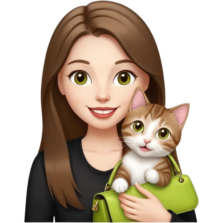 White Woman with VERY long straight brown hair, rosy lips and cheeks, big chartreuse eyes, cute happy big smile holding a white and brown tabby kitten, wearing a black purse emoji