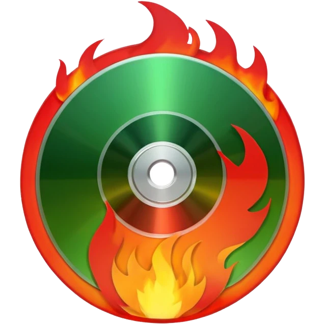 A minimalist CD disc with a subtle fire design, red and green flames, with a circle in the middle and a hole in the center emoji