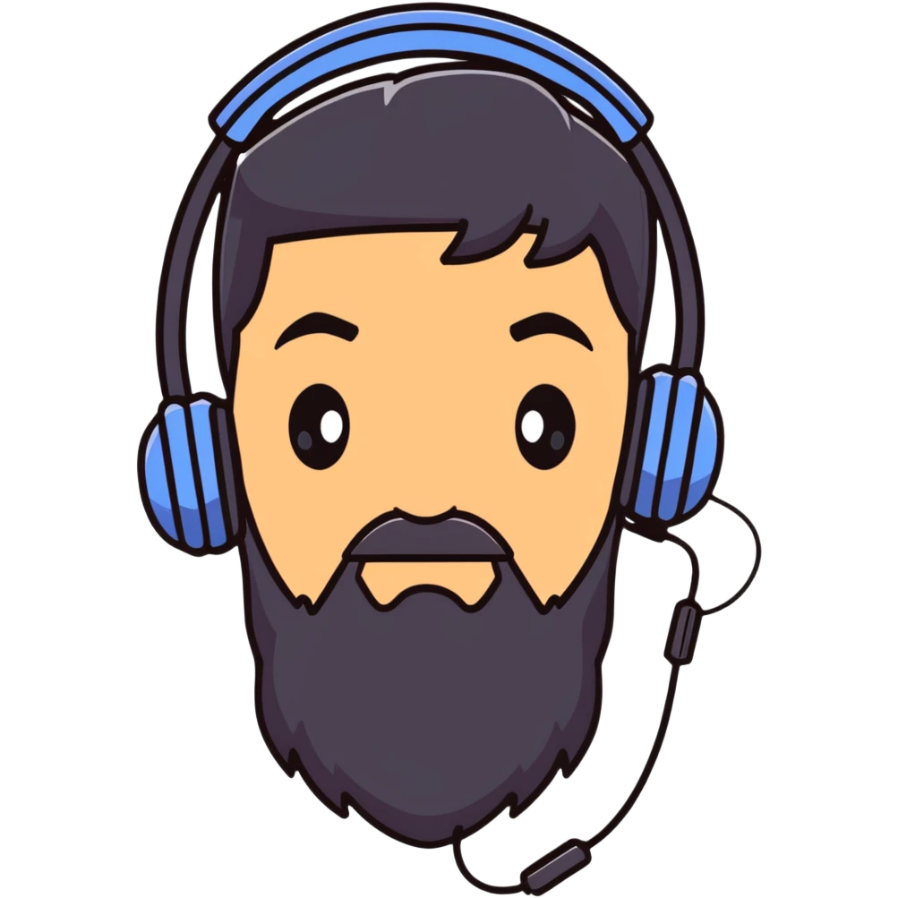 A person with black hair, brown eyes, a black beard, wearing a gaming headset emoji