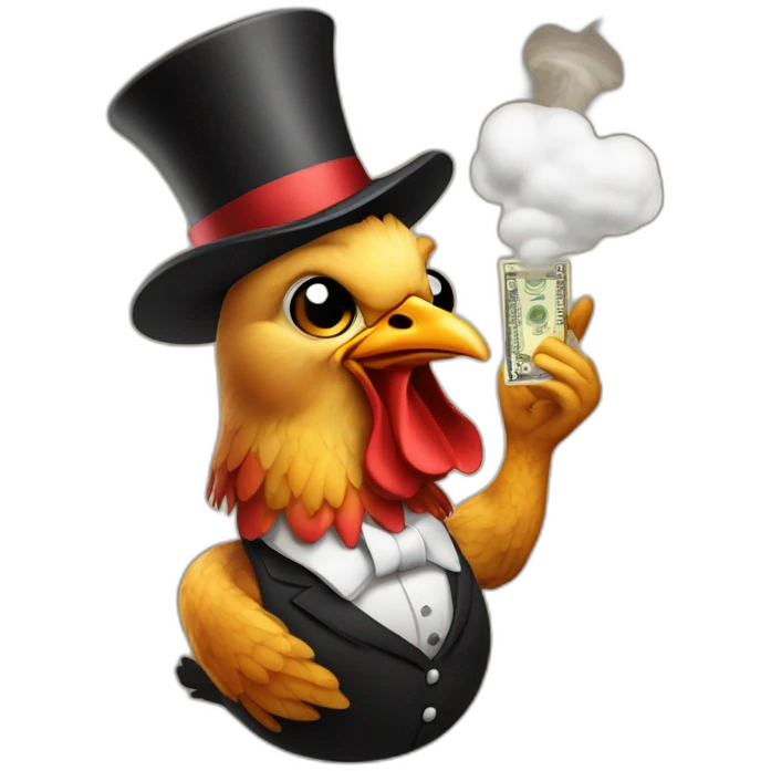 chicken with top hat and a money bag smoking a cigar emoji