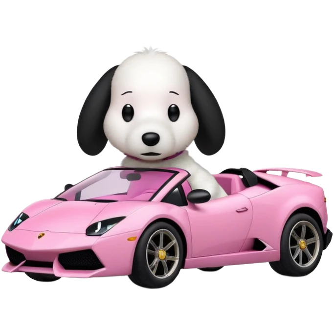 Snoopy in a Lamborghini, the Lamborghini is sideways and Snoopy isn't big, the Lamborghini is pink emoji