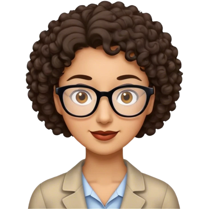 crea una profesora de pelo moreno rizado, corto un poco más arriba del hombro, ojos marrones con gafas, con experiencia, alta, interesante y entusiasta de las tic emoji