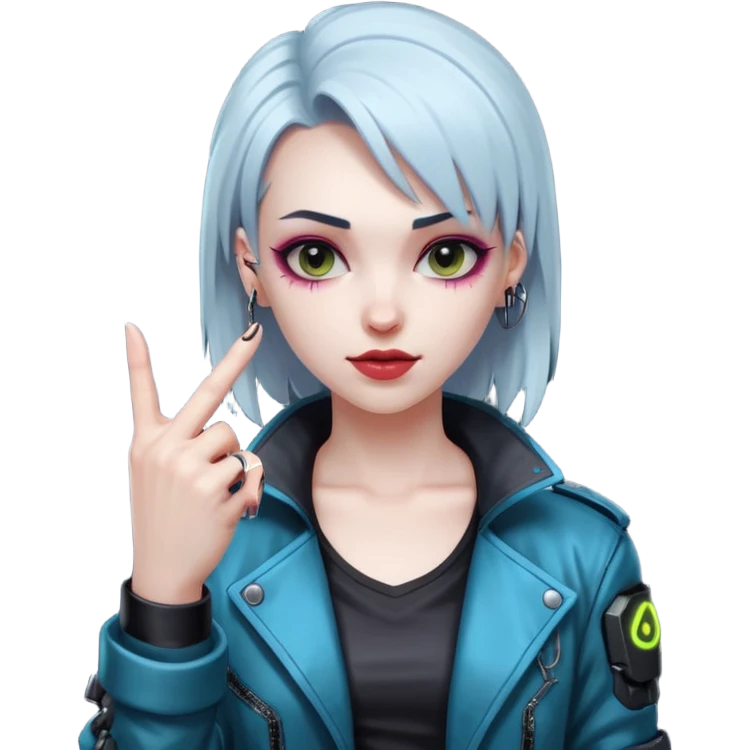 Woman with her tongue out in cyberpunk clothing and giving the middle finger. Looking naughty. emoji