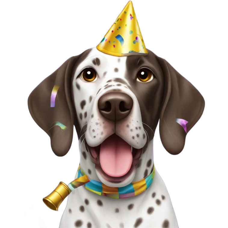 German shorthair with party horn and confetti emoji
