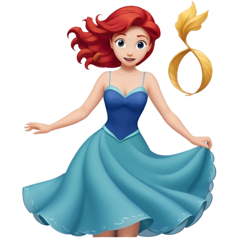 Disney human Ariel with red hair, twirling in her blue dress, excited expression emoji