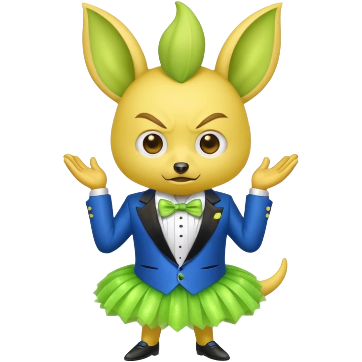 Angry blue banana with ears wearing a sparkly lime green tuxedo and tutu emoji