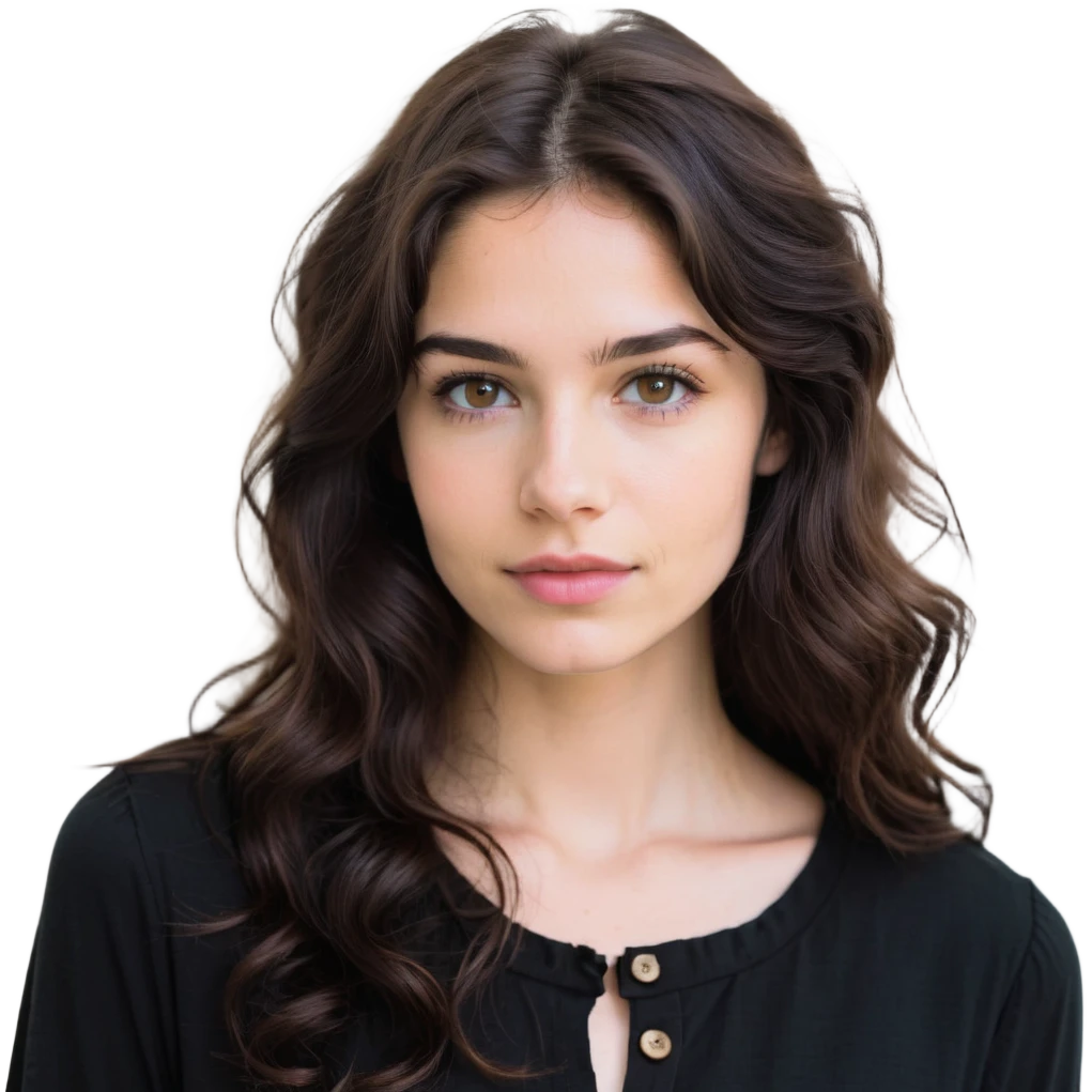 27 year old Caucasian woman with fair skin, brown eyes, long wavy dark brown hair, wearing a black top with a button emoji