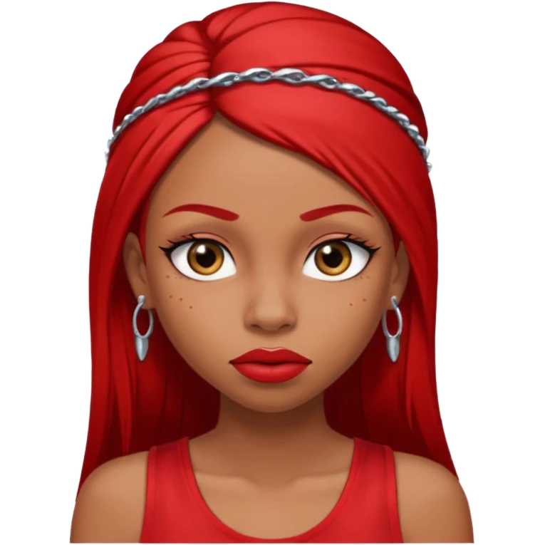light-skinned black girl with very long eyelashes with long strait dark brown hair with edges wearing a red top with no sleeves. and a red accessory on her head with nose and mouth piercings and is a baddie and looks like a bad girl. emoji