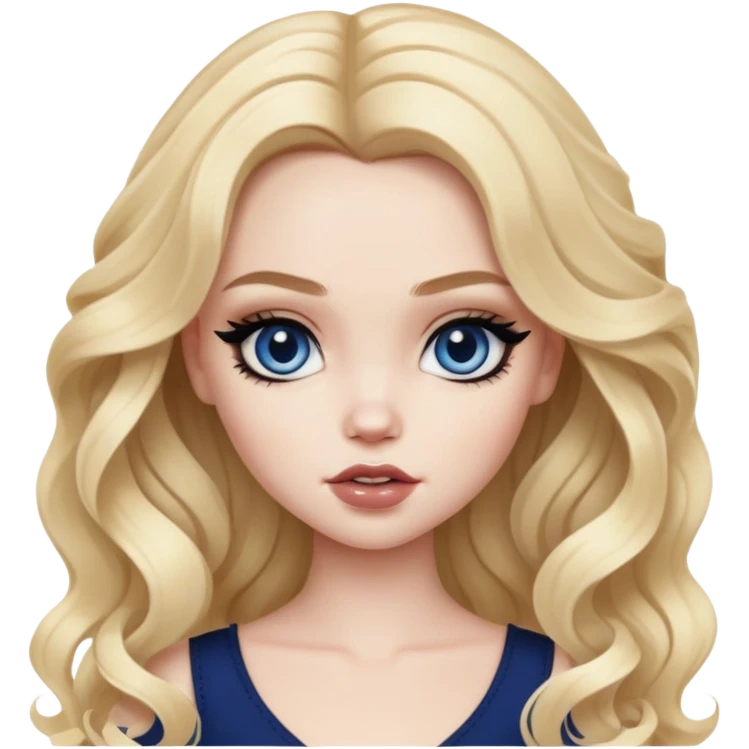 wavy blonde hair, pale skin skin, dark blue eyes, pretty bratz baddie, black eyeliner emoji