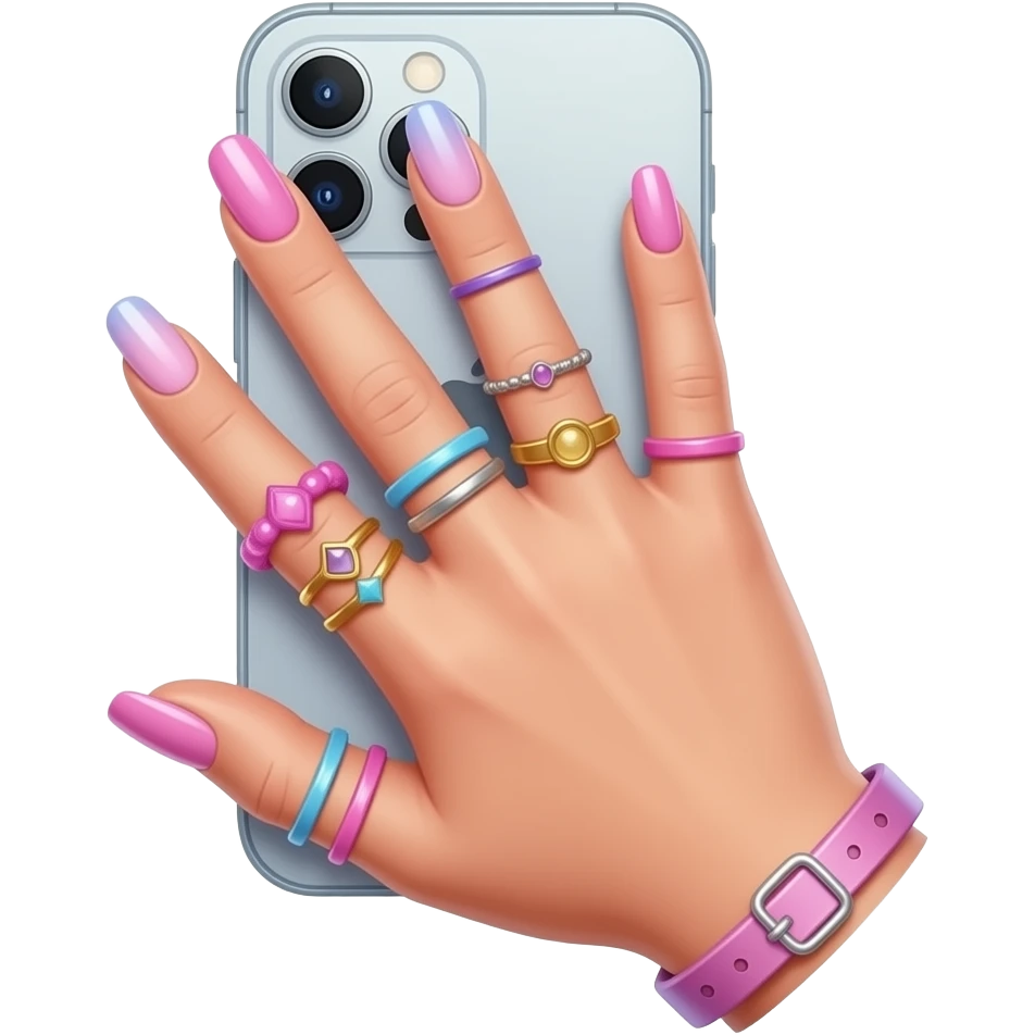cute thin girl hand with pastel and pink modern y2k nails, rings, and accessories. holding iphone with screen upwards emoji
