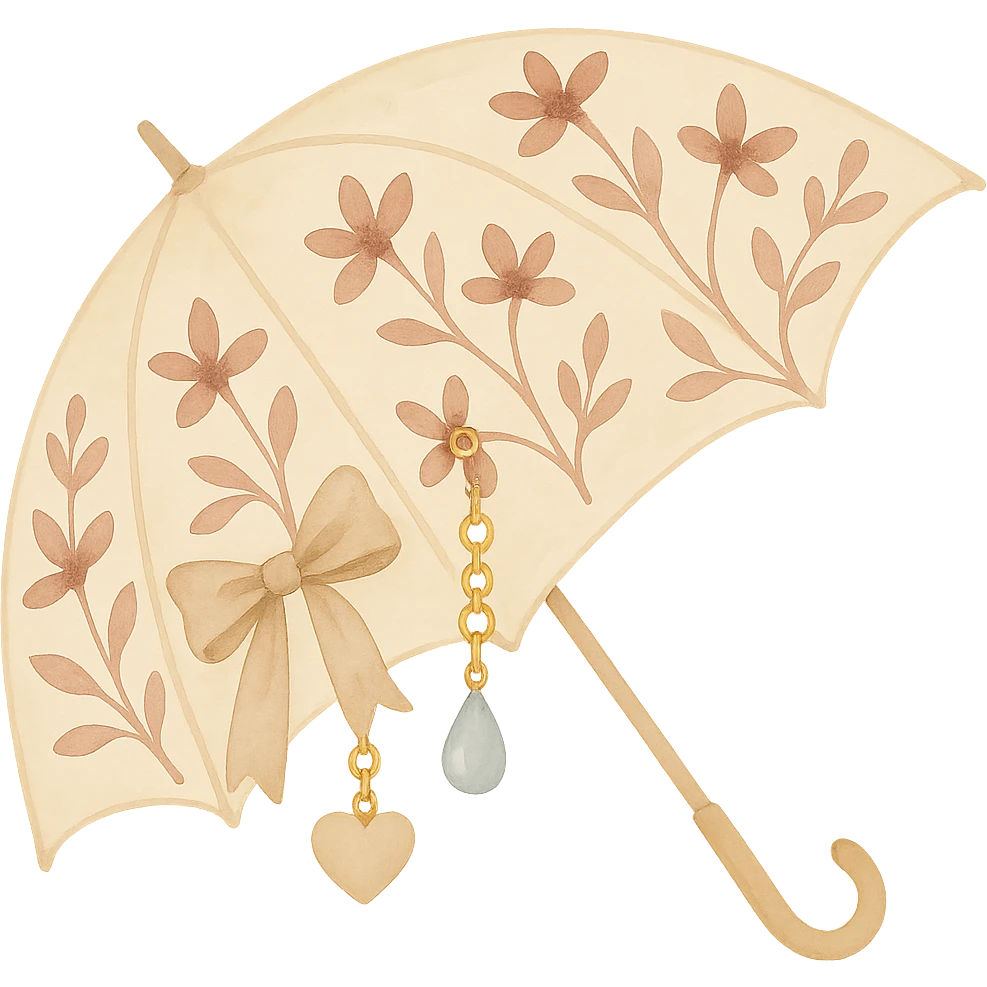 Add accessories such as a bow, charm, and raindrop keychain to the burgundy floral umbrella. Keep the watercolor art style consistent. Remove the background to isolate the subject. emoji
