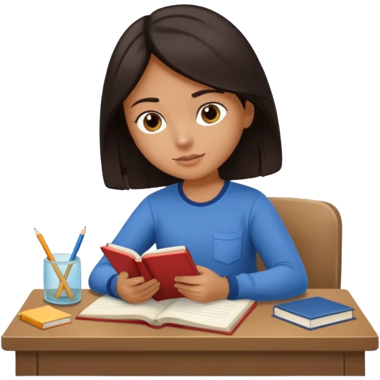 A student with dark hair is reading a book and taking notes in a notebook. There are also papers and textbooks on the table. emoji
