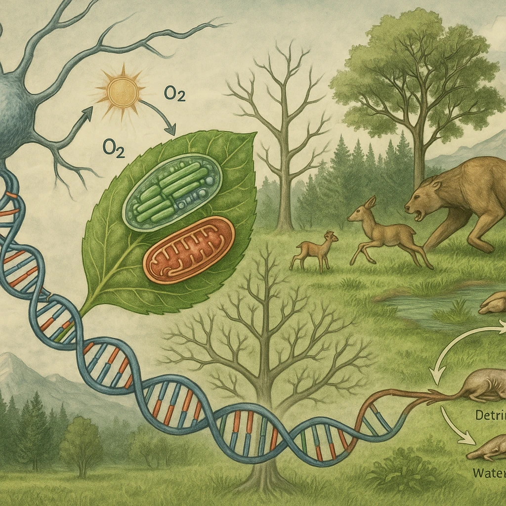 A panoramic scientific illustration merging all key biology topics for grades 11-12 into one continuous ecosystem scene, ultra-realistic style: In the foreground, a neuron (neurobiology) synapses with a leaf's vascular system (applied biology). The leaf undergoes photosynthesis (energy conversion) while revealing microscopic views of chloroplasts and mitochondria. Its DNA strands (molecular genetics) morph into a phylogenetic tree (evolution) that forms the landscape. In the background, a balanced ecosystem (ecology) shows predator-prey dynamics and nutrient cycling. All elements flow together organically through biological connections - no artificial borders, labels, or sections. Color palette: natural greens/blues with molecular structures in accurate scientific colors (red ATP, blue DNA). Style: National Geographic scientific realism with macro-to-micro transitions. emoji