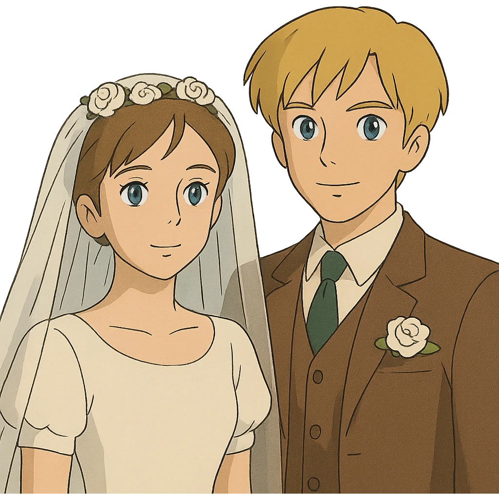 ghibli style portrait of a bride with light brown hair and grey-blue eyes, and a groom with blonde hair, blue eyes, wearing a brown suit emoji