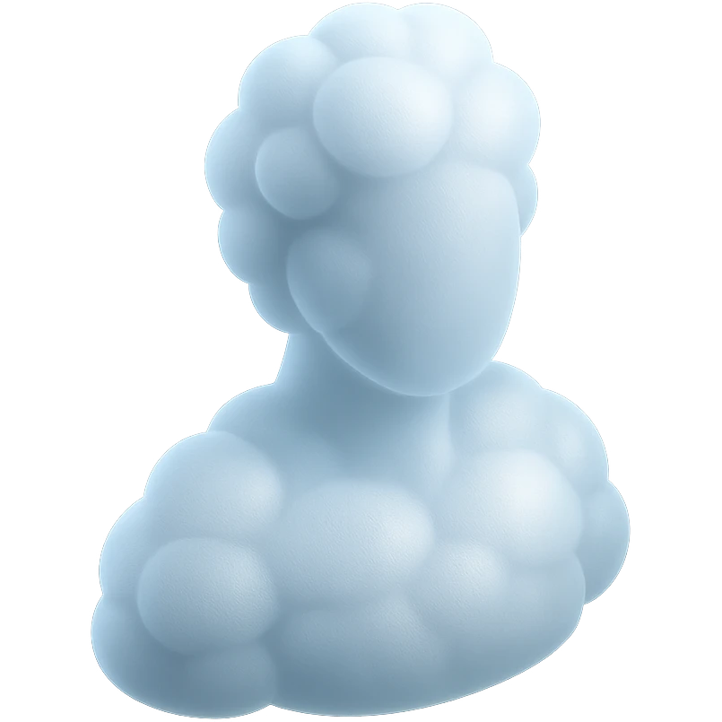 person made entirely of white fluffy convex clouds, shoulder up, front view, matte glass style emoji