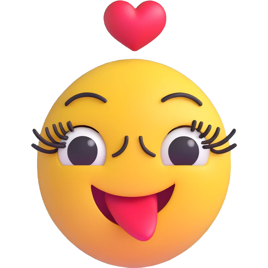 3D smiley emoji, nagy szempillás, szívecskével, puszit dobó emoji