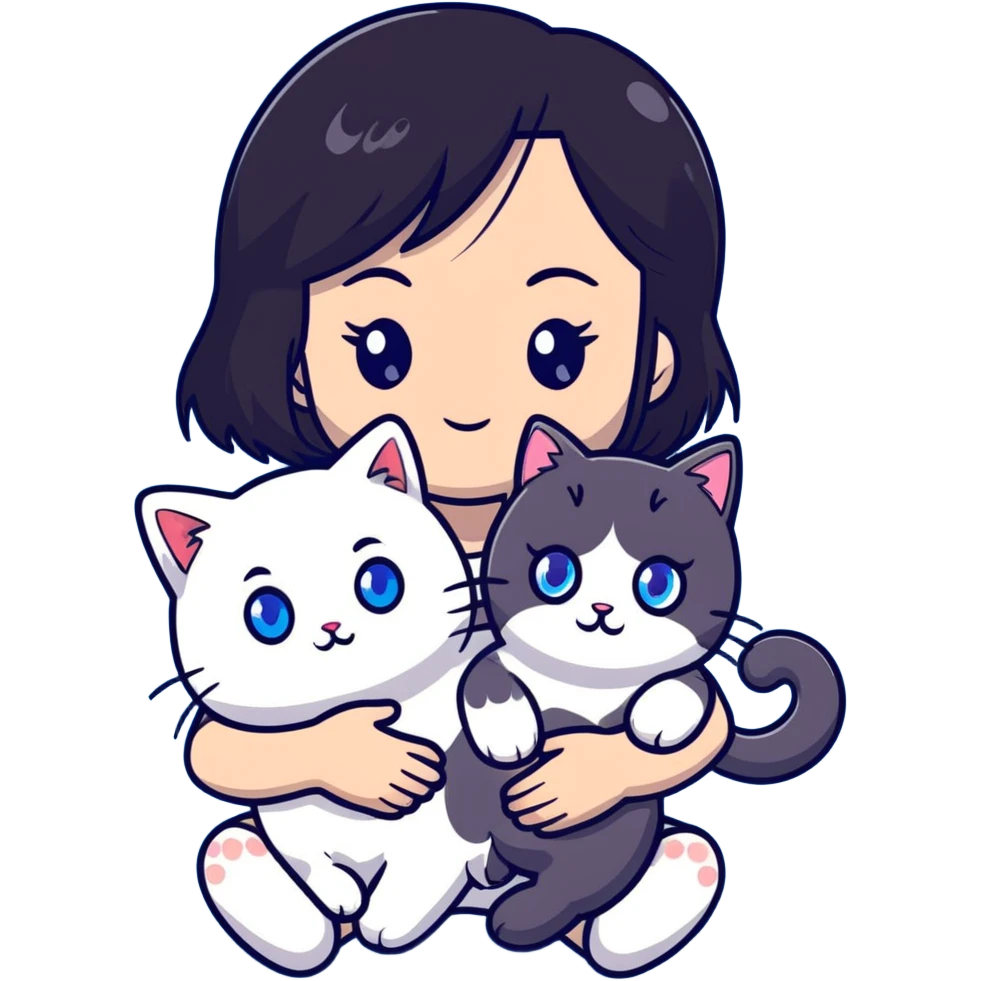 Cute Asian girl with black hair cradling a fluffy ragdoll cat with blue eyes emoji