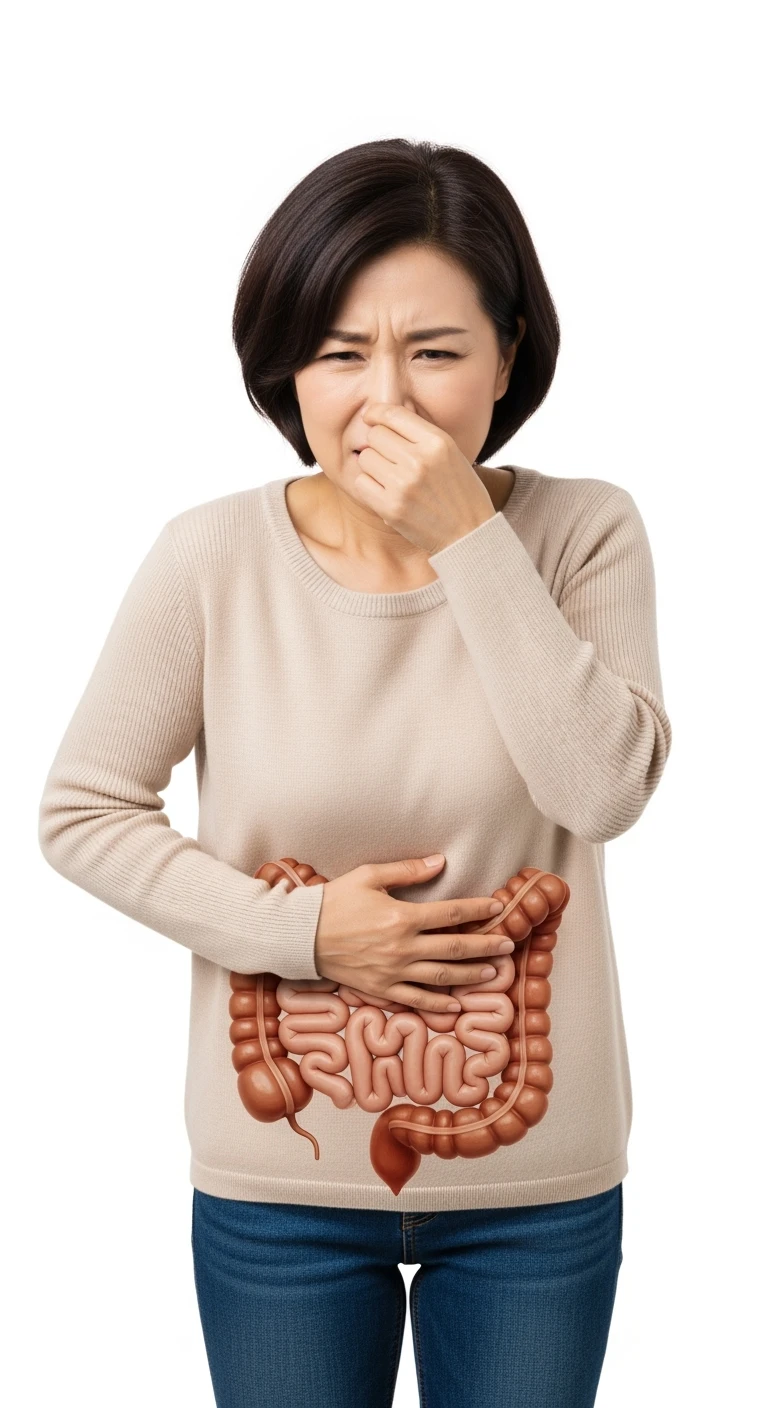 DONNA CHE SI TIENE LA PANCIA CON LA MANO E SI TAPPA IL NASO PER LA PUZZA, INTESTINO UMANO ANATOMICO IN EVIDENZA, ISOLATA SU SFONDO BIANCO emoji