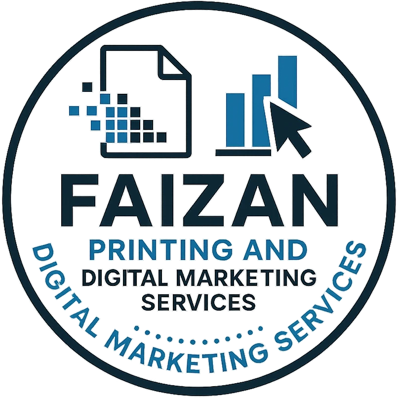 circular emblem style logo for 'Faizan Printing and Digital Marketing Services' including a paper sheet and pixel elements for printing, cursor arrow and digital bar chart for digital marketing, blue black and white colors, bold professional font, creative digital accent around text, clean modern suitable for all media emoji