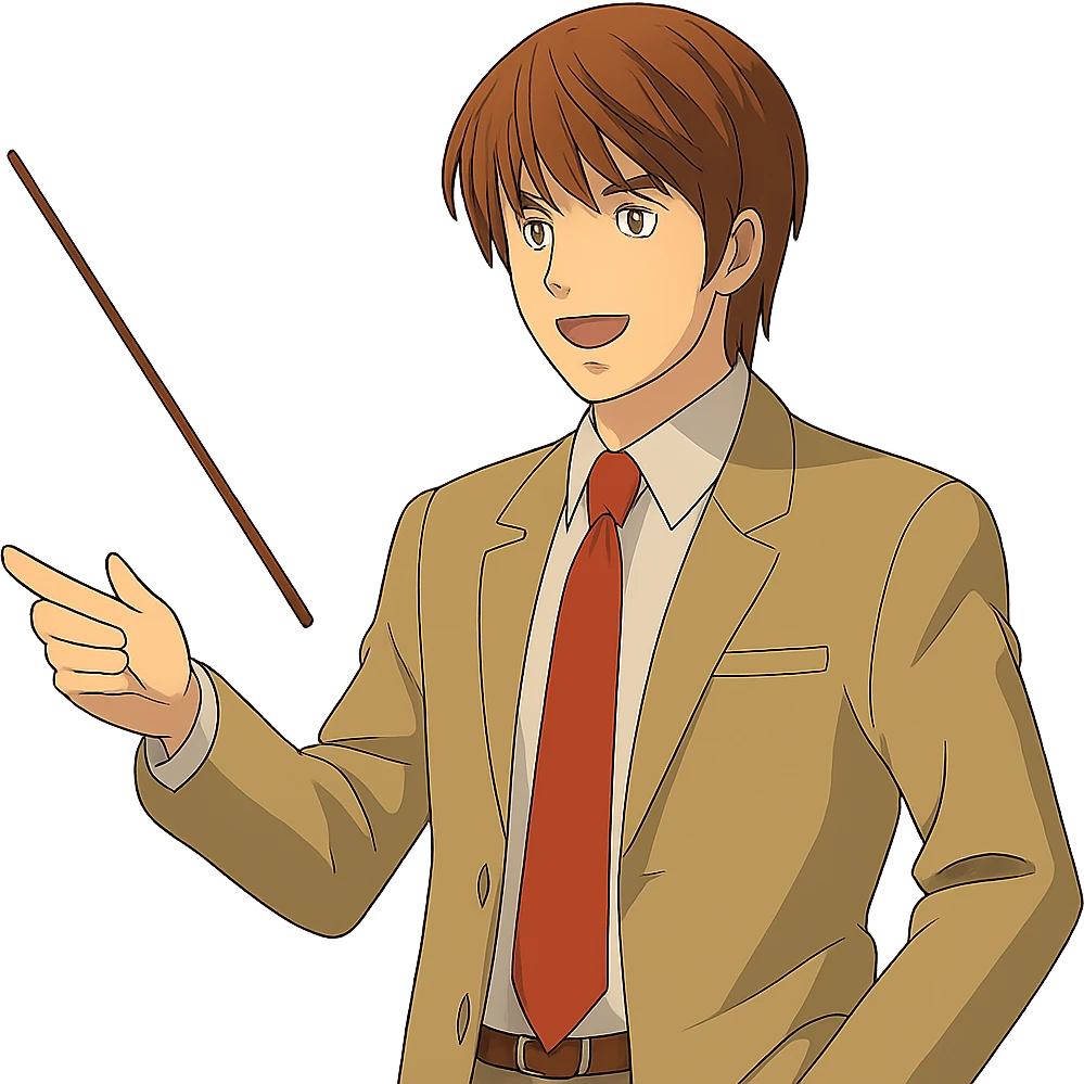 Light Yagami in Ghibli style, standing and pointing a teacher's stick to the right, confident expression, transparent background. emoji