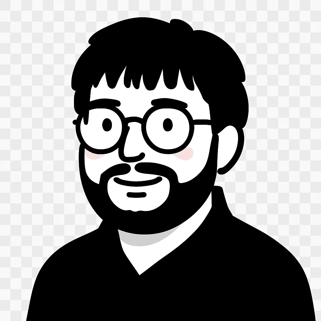 A man with round glasses, longer tousled messy hair with straight bangs, a full round face, a broader nose bridge, and a soft short beard emoji