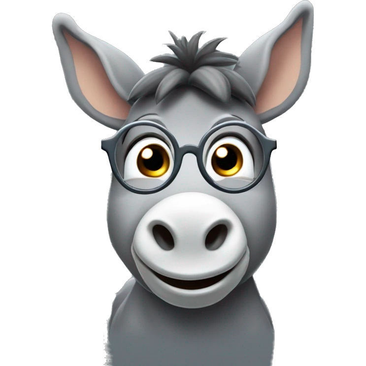 A chubby smiling donkey, with big round eyes like Pixar characters, wearing round glasses.  Cute gray donkey emoji