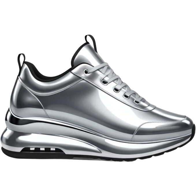 A pair of futuristic sneakers emoji made of silver chrome, sleek streetwear design, smooth metallic panels, subtle reflections, luxury swag aesthetic, iOS emoji style, centered, clean white background emoji
