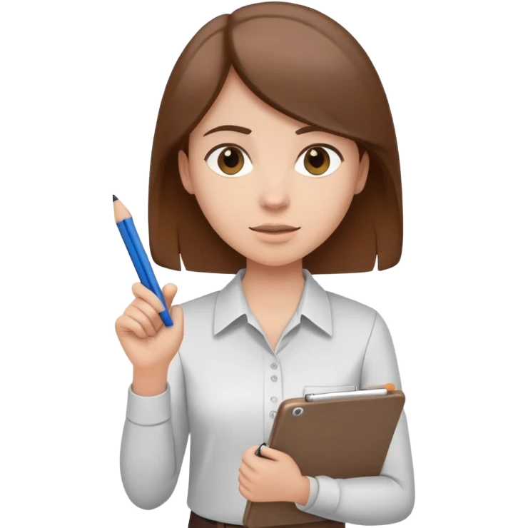 Intern or volunteer with brown hair holding a clipboard and pencil, ready to take notes or assist. The character wears a simple shirt and has an eager posture emoji