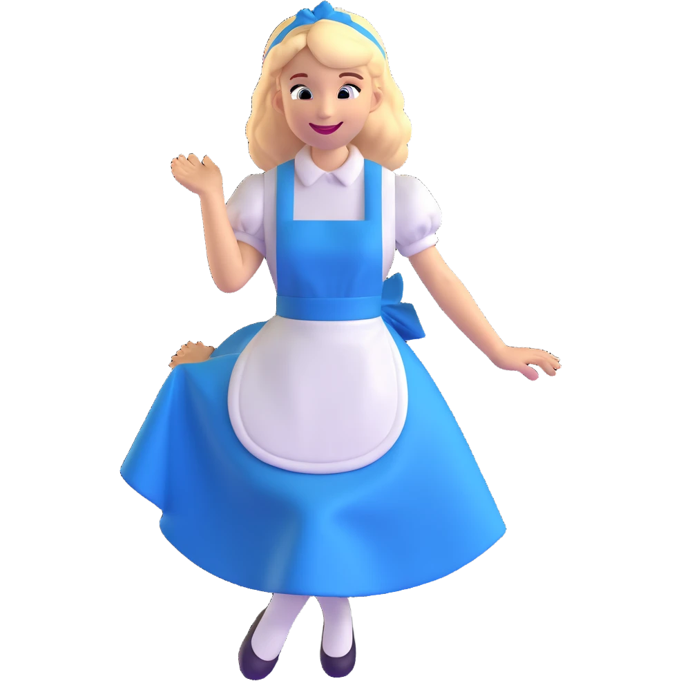 Disney's Alice in Wonderland with a big smile while curtseying in her blue dress with white apron emoji