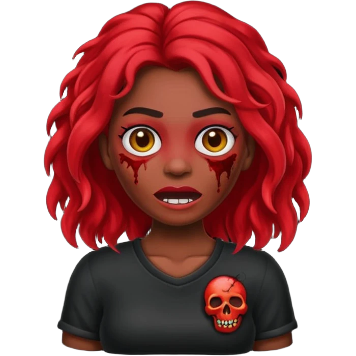 Faça me um emoji de um zumbi mulher de cabelos vermelho escuro longos ondulado usando uma blusa preta, faça no estilo iphone emoji
