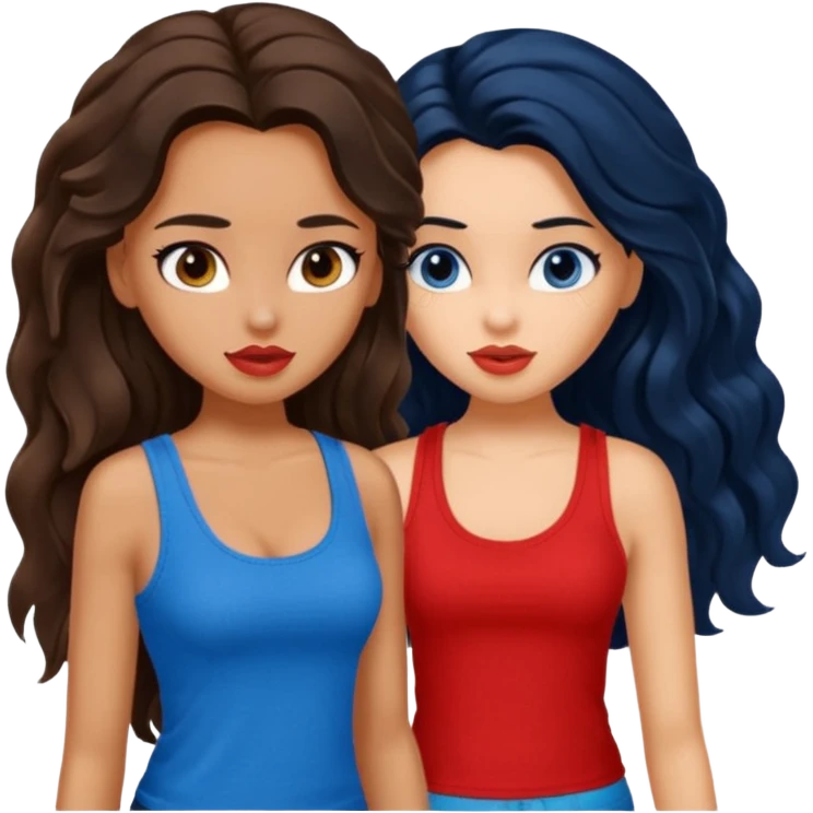 generate a pretty tan bratz girl with brown wavy hair long wearing a red tank top. talking to a girl with black hair wearing blue emoji