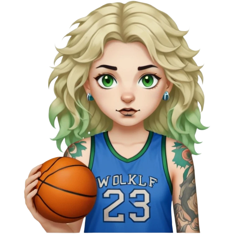 Pale girl with tattoos, wavy blonde disheveled hair, piercings, green eyes and dark eyebrows, wearing a blue shirt with a wolf on it and green basketball shorts  emoji