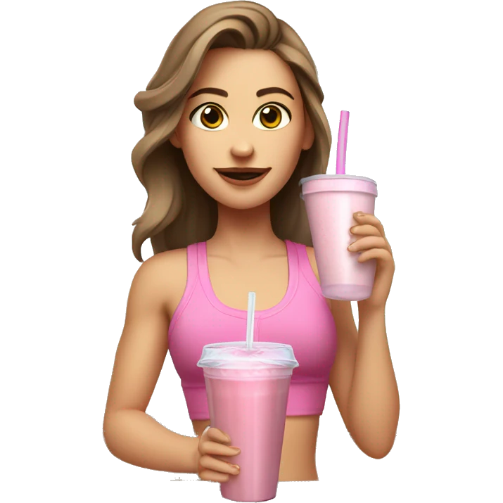 Brown haired white girl in pink croptop drinking protein shake emoji