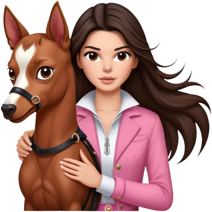brunette Kendall Jenner with long hair holding on the hands a red Chihuahua, and behind them a bay horse with a short black mane, a thin white stripe on the muzzle, brown eyes wear on pink riding clothes  emoji