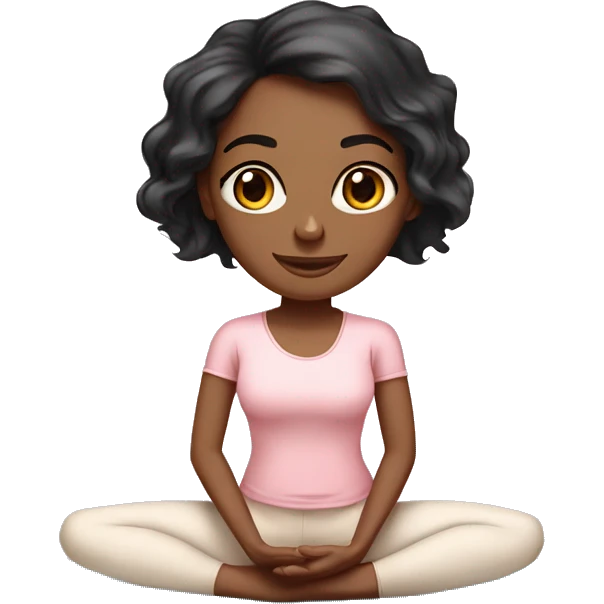 black long wavy hair and brown eyes with medium skin yoga girl in light pink clothes sitting on a yoga mat  emoji