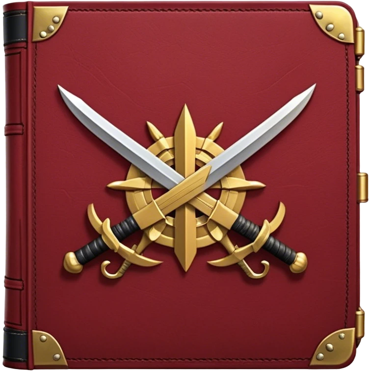 A dark crimson red book with black and gold details, a rugged leather texture, and an emblem of crossed swords, a knight chess piece, or a battle flag, radiating strategy, discipline, and the art of power emoji