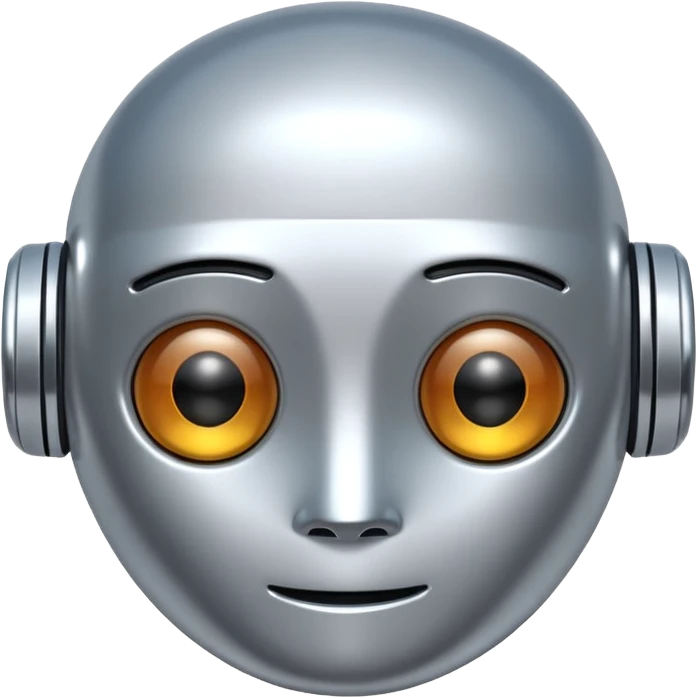 A cute futuristic robot emoji made of silver chrome, rounded friendly body, minimal facial features, glossy metallic surface, soft reflections, iOS emoji style, centered, clean white background emoji